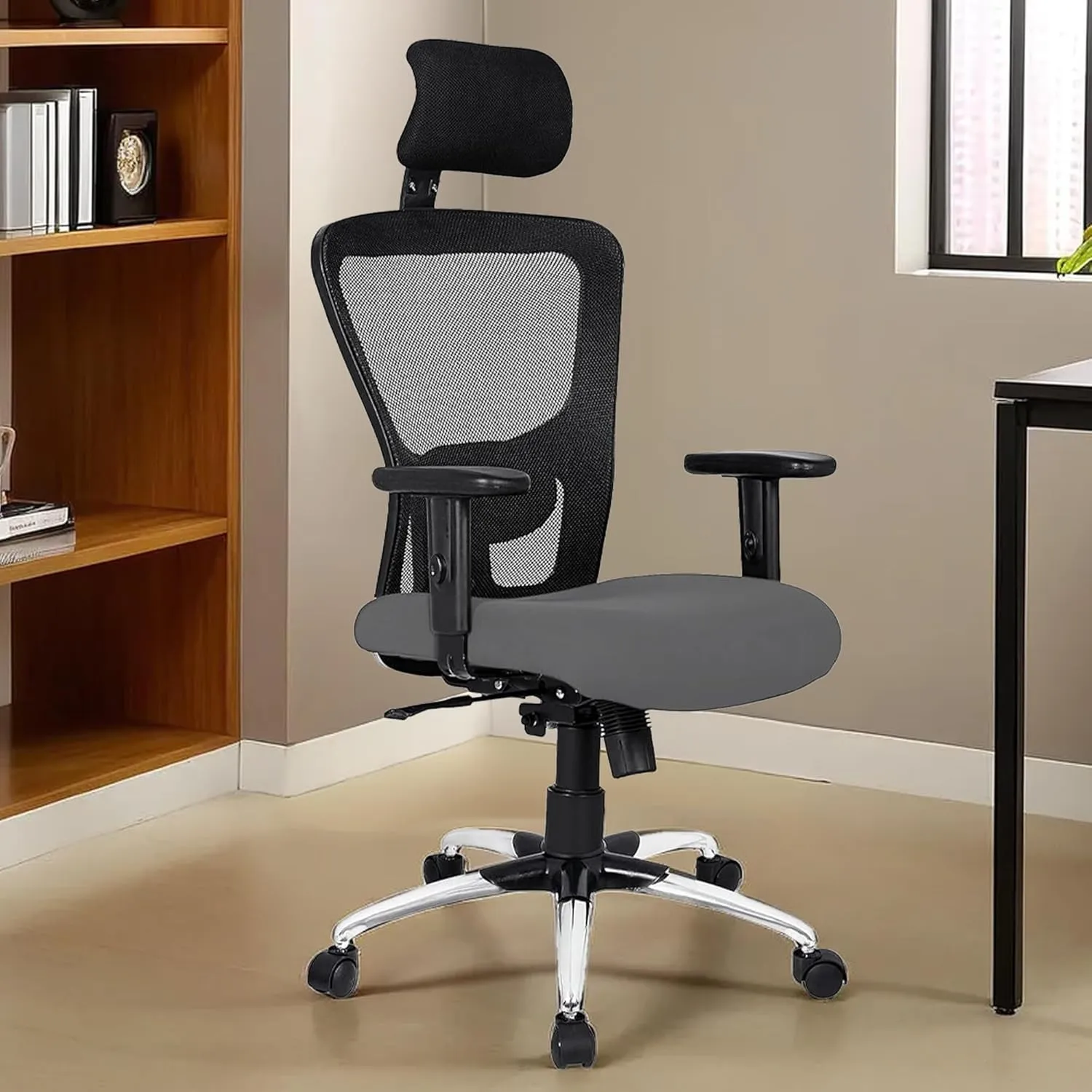 Kuber Industries Ergonomic Office Chairs for Work from Home | Comes with Manual Height Adjustable Armrest, Headrest & 2D Lumbar Support | Comfy Study Chair for Students with Wheels | Black