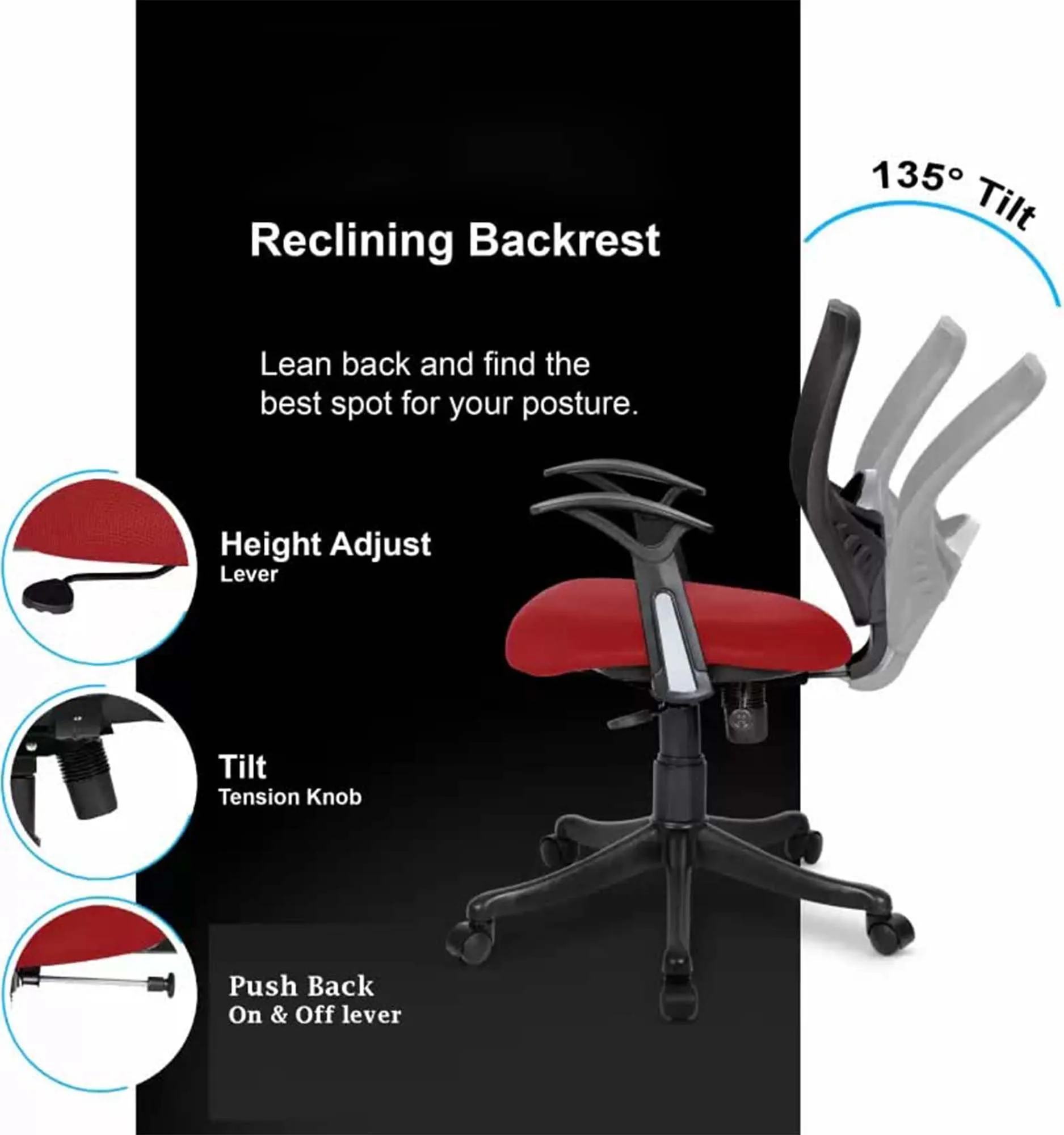 Kuber Industries Ergonomic Revolving Office Chairs for Work From Home | Comes with Manual Height Adjustable, Armrest & 2D Lumbar Support | Comfy Study Chair for Students with Wheels | Black & Red Seat