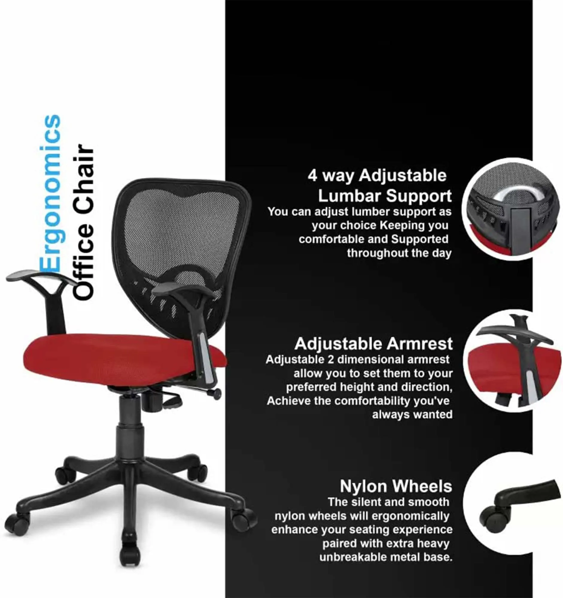 Kuber Industries Ergonomic Revolving Office Chairs for Work From Home | Comes with Manual Height Adjustable, Armrest & 2D Lumbar Support | Comfy Study Chair for Students with Wheels | Black & Red Seat