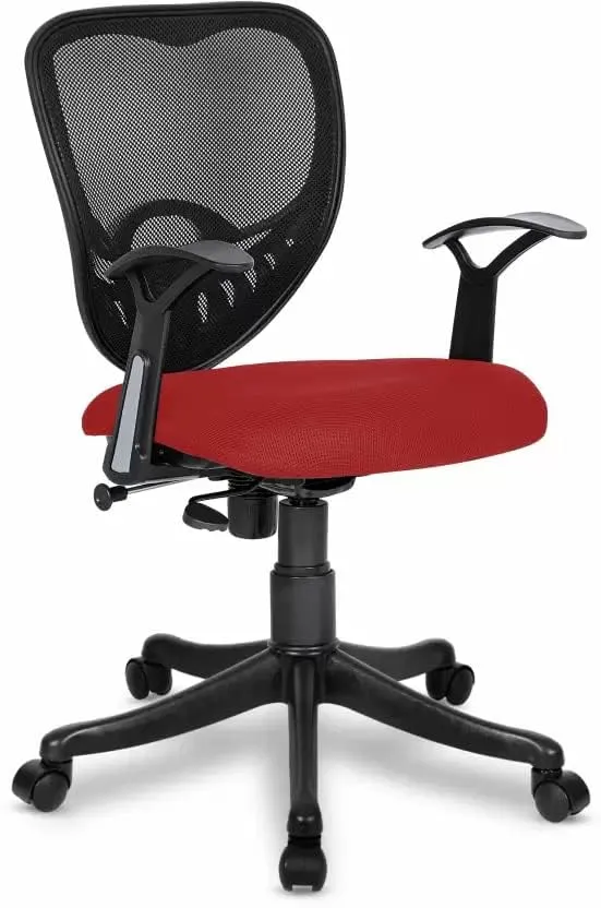 Kuber Industries Ergonomic Revolving Office Chairs for Work From Home | Comes with Manual Height Adjustable, Armrest & 2D Lumbar Support | Comfy Study Chair for Students with Wheels | Black & Red Seat