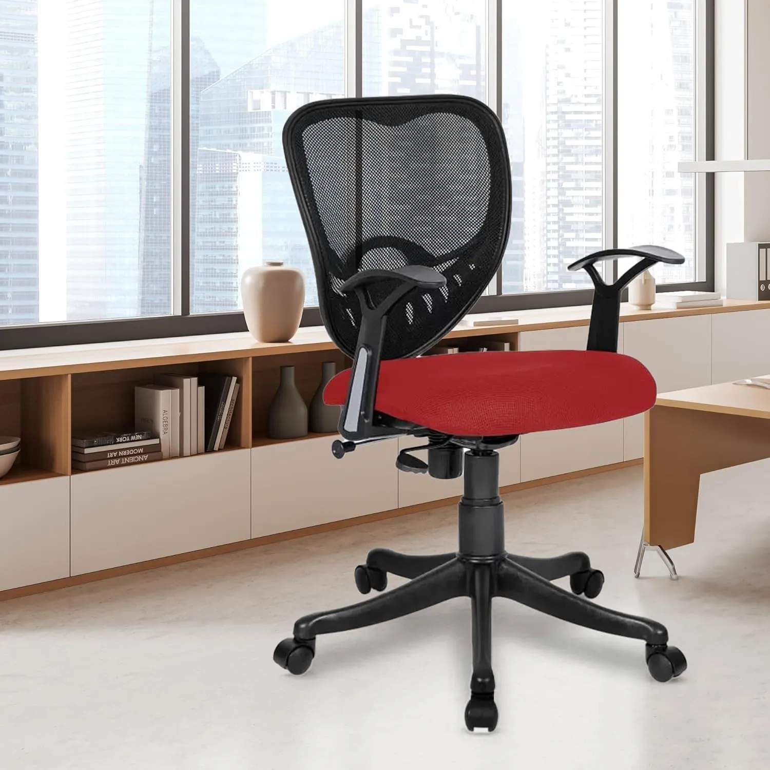 Kuber Industries Ergonomic Revolving Office Chairs for Work From Home | Comes with Manual Height Adjustable, Armrest & 2D Lumbar Support | Comfy Study Chair for Students with Wheels | Black & Red Seat