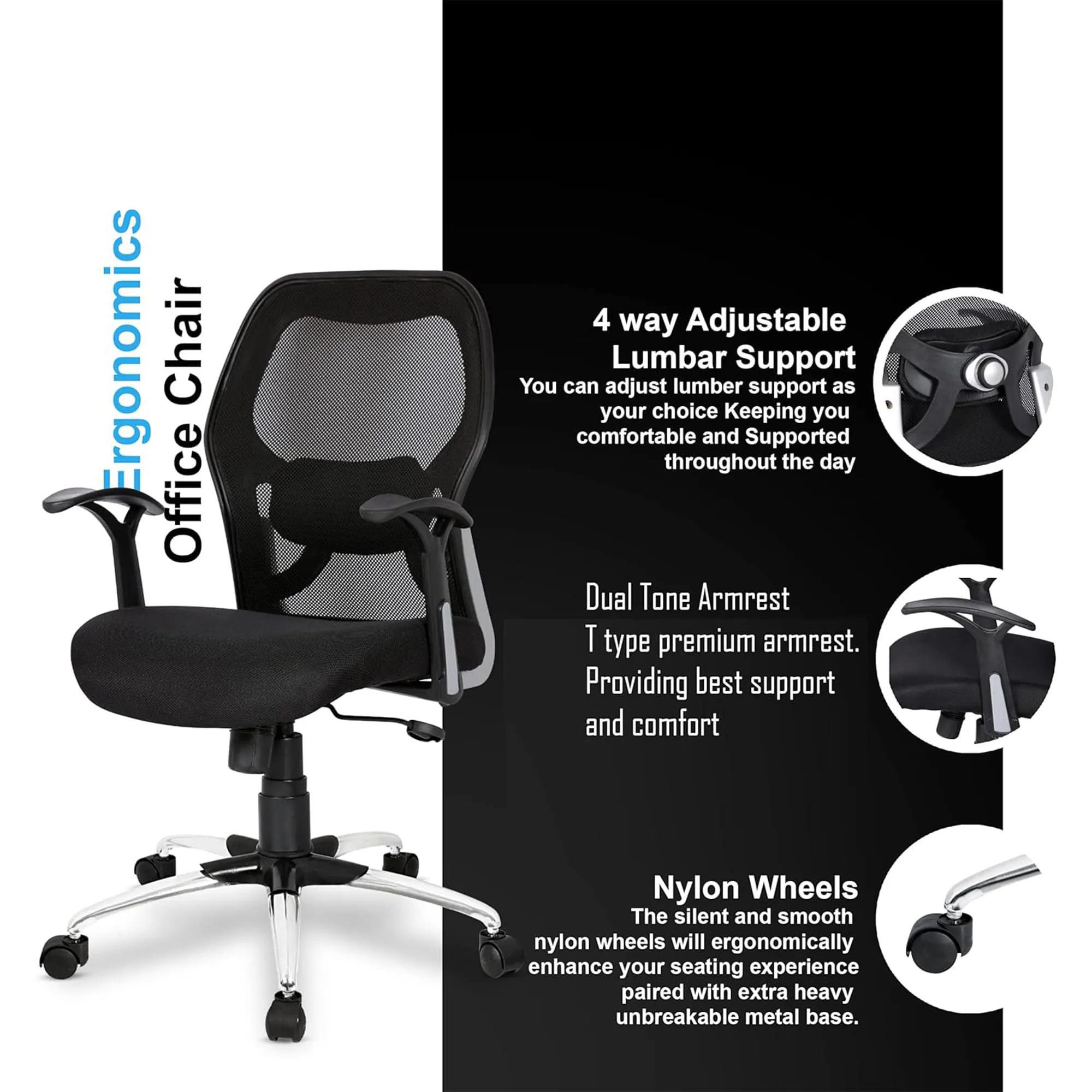 Kuber Industries Ergonomic Revolving Office Chairs for Work from Home | Comes with Manual Height Adjustable, Armrest Support | Comfy Study Chair for Students with Wheels | Black & Beige Seat