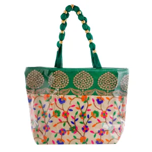 Kuber Industries Floral Design Silk Laminated Embroidered Women's Handbag (Green) - CTKTC23124