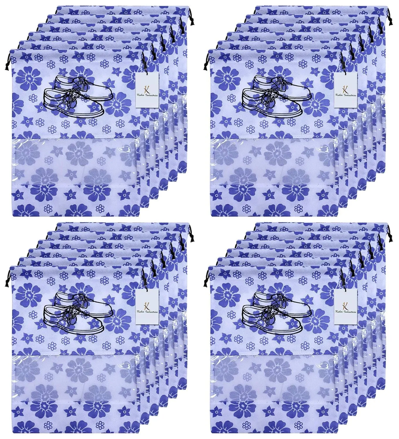 Kuber Industries Flower Design 24 Piece Non Woven Travel Shoe Cover, String Bag Organizer, Royal Blue -CTMTC039501