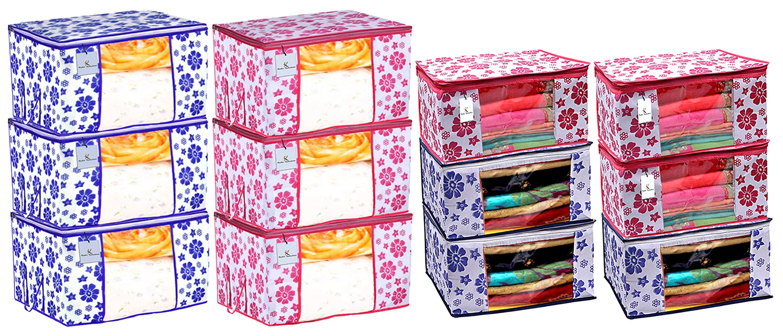 Kuber Industries Flower Design 6 Piece Non Woven Saree Cover And 6 Pieces Underbed Storage Bag, Storage Organiser, Blanket Cover, Pink & Blue -CTKTC42462