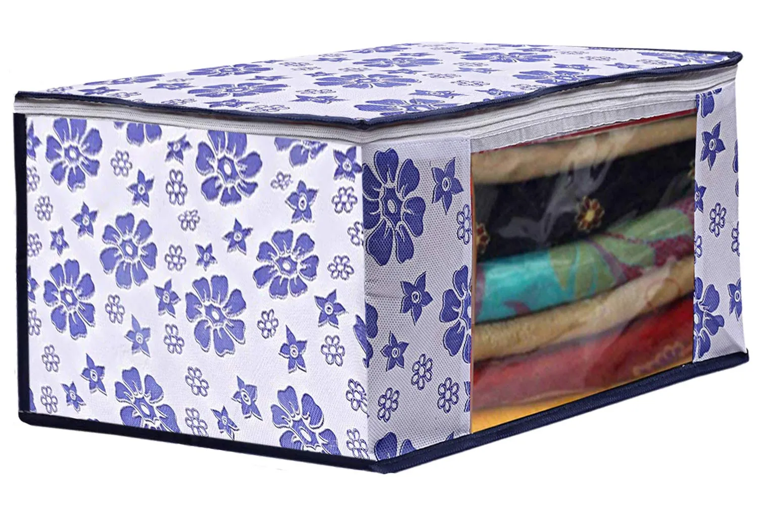 Kuber Industries Flower Design 6 Piece Non Woven Saree Cover And 6 Pieces Underbed Storage Bag, Storage Organiser, Blanket Cover, Pink & Blue -CTKTC42462