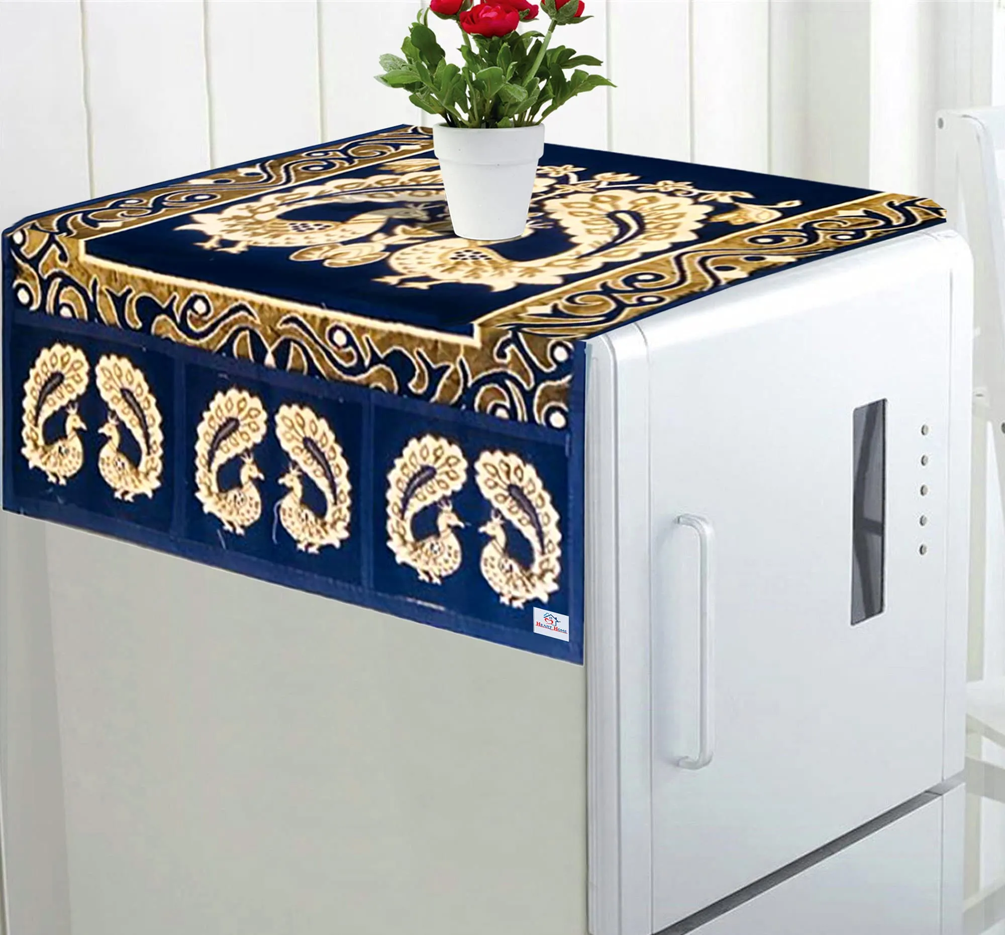 Kuber Industries Flower Design Cotton Fridge Top Cover - Blue