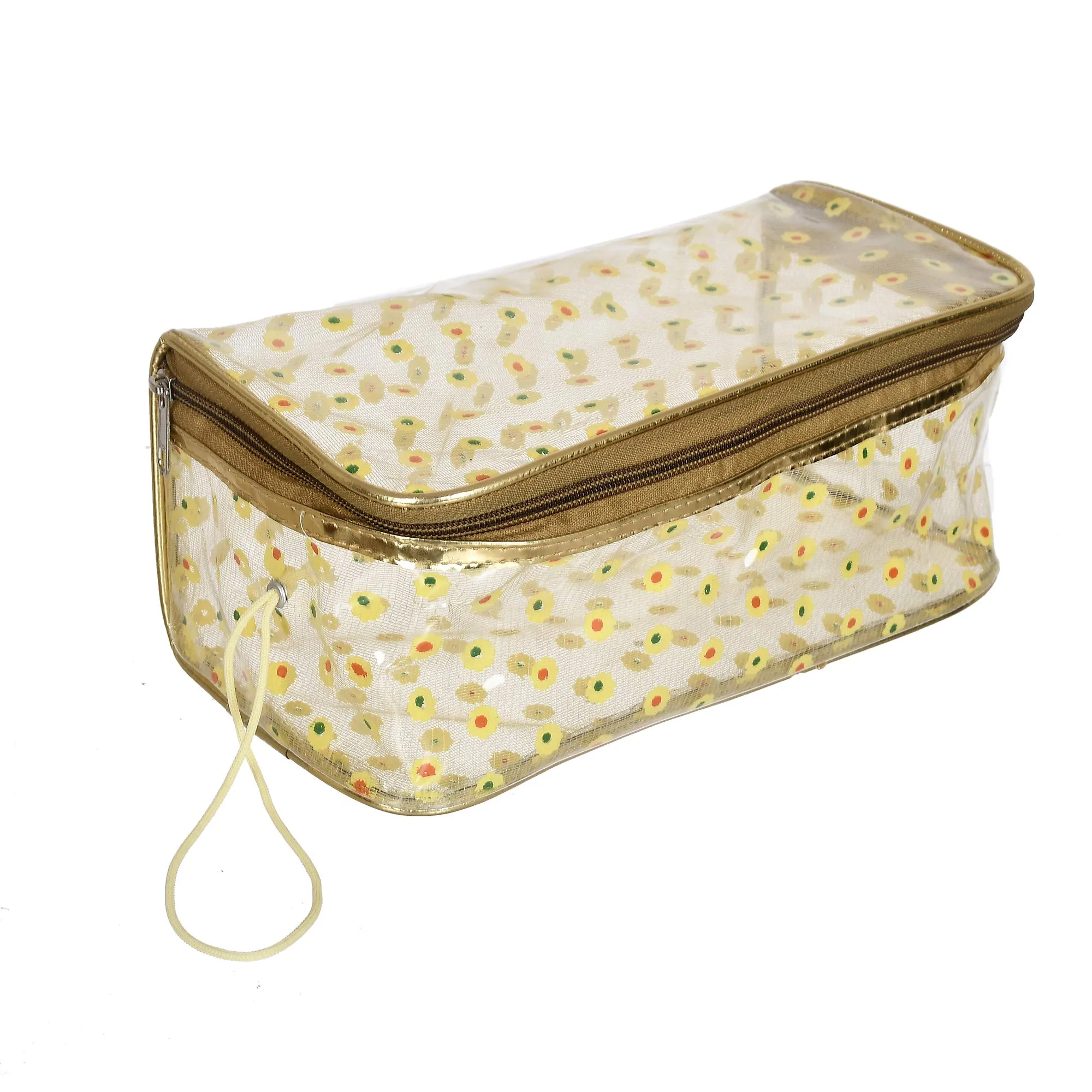 Kuber Industries Flower Design Heavy Duty Clear Travel Toiletry Makeup Bags Transparent Shaving Bag Water Resistant Cosmetic Bag Organizer Pouch with Zipper and Handle-Set of 4 (Yellow)