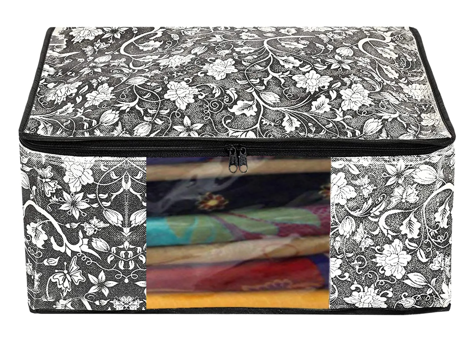 Kuber Industries Flower Design Non-woven Sarees, Clothes Cover/Organizer With Transparent Window- Pack of 6 (Grey & Cream)-44KM0356