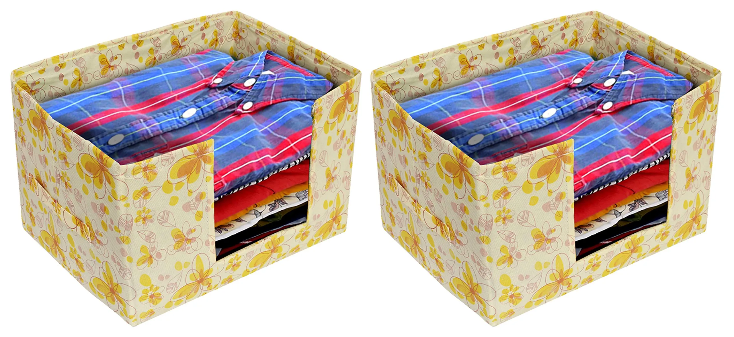 Kuber Industries Flower Print 2 Pieces Large Capacity Space Saver Closet, Stackable and Foldable Saree, Clothes Storage Bag, Non-Woven Rectangle Cloth Saree Stacker Wardrobe Organizer (Ivory & Red)