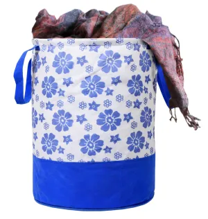 Kuber Industries Flower Print Round Non Woven Fabric Foldable Laundry Basket, Toy Storage Basket, Cloth Storage Basket With Handles,45 Ltr (Blue)-KUBMART11608