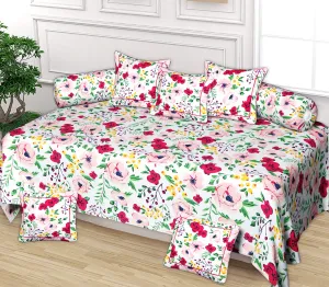 Kuber Industries Flower Printed 8 Pieces - 1 Single bedsheet with 5 Cushions Covers and 2 Bolster Covers Cotton Diwan Set (White & Pink)-44KM0176