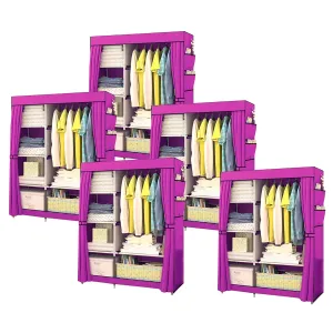 Kuber Industries Foldable Wardrobe for Clothes|Non Woven 2 Door Portable Clothes Rack|4 Shelves Almirah for Clothes-Pack of 5 (Purple)