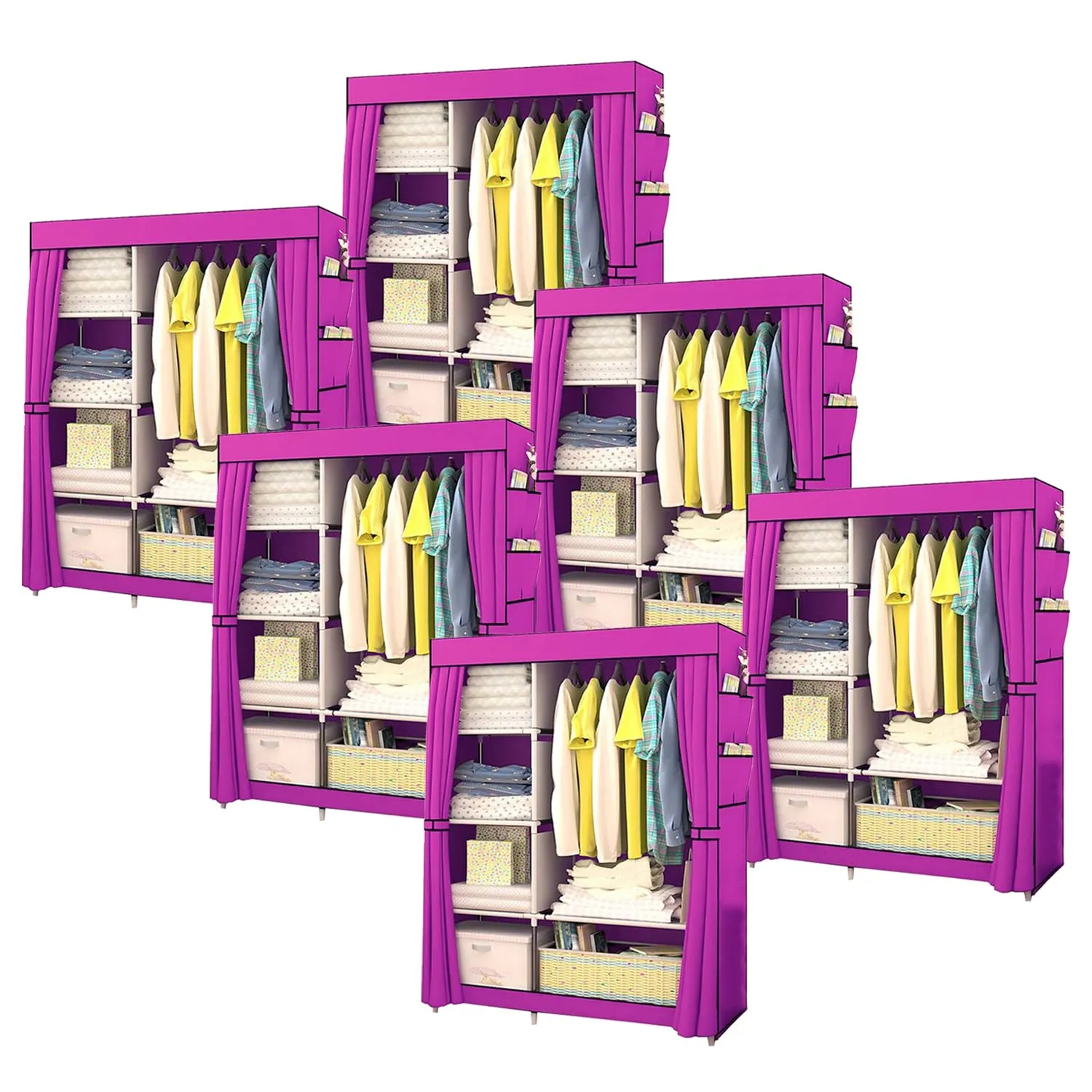 Kuber Industries Foldable Wardrobe for Clothes|Non Woven 2 Door Portable Clothes Rack|4 Shelves Almirah for Clothes-Pack of 6 (Purple)