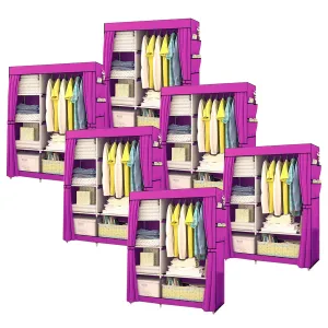 Kuber Industries Foldable Wardrobe for Clothes|Non Woven 2 Door Portable Clothes Rack|4 Shelves Almirah for Clothes-Pack of 6 (Purple)