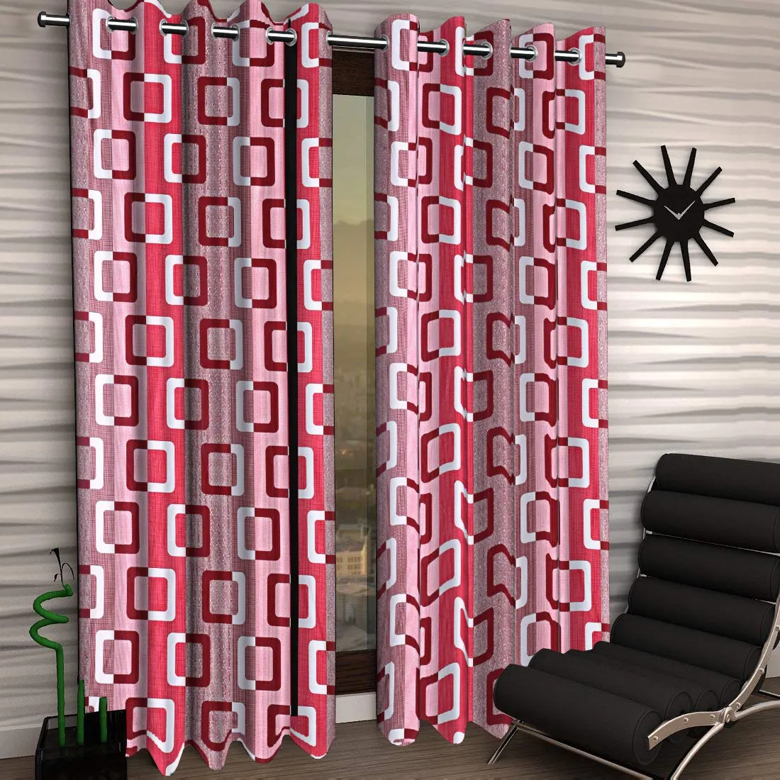 Kuber Industries Geometric Design 1 Piece Polyester Eyelet Door Curtain 7 Feet (Maroon)-CTKTC14193