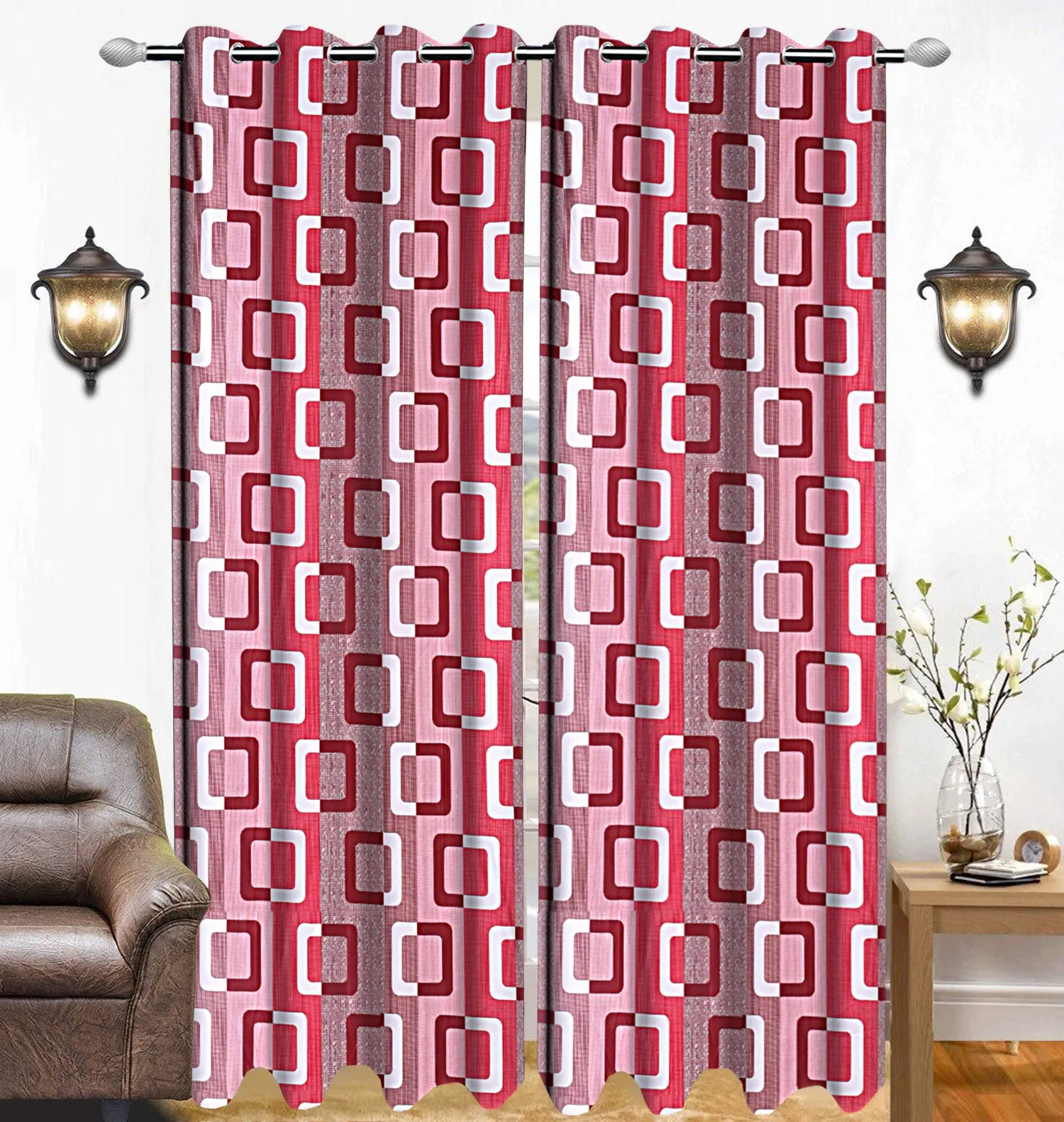 Kuber Industries Geometric Design 1 Piece Polyester Eyelet Door Curtain 7 Feet (Maroon)-CTKTC14193