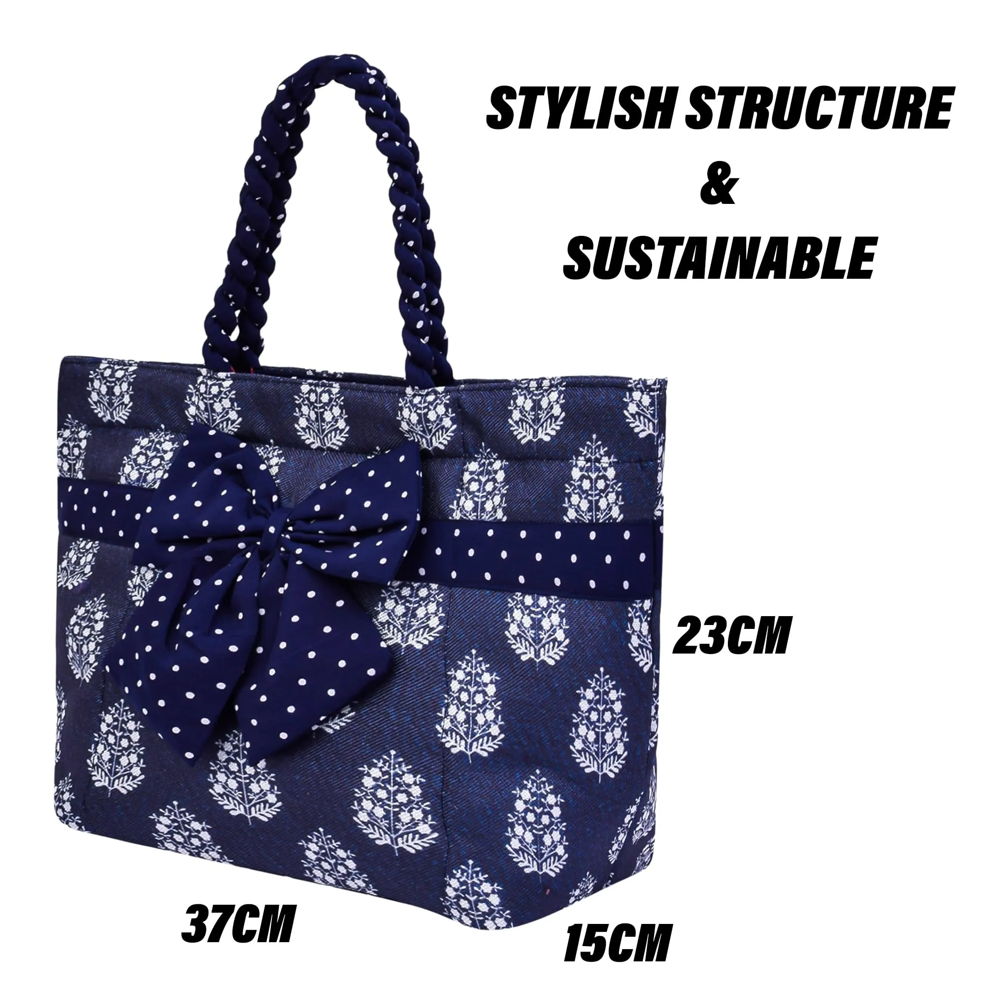 Kuber Industries Hand Purse | Polyester Hand Bag | Woman Shoulder Bag | Top Handle Handbag | Gifting Hand Purse | Ladies Tote Purse | Bow Dot Printed Handbag | Blue