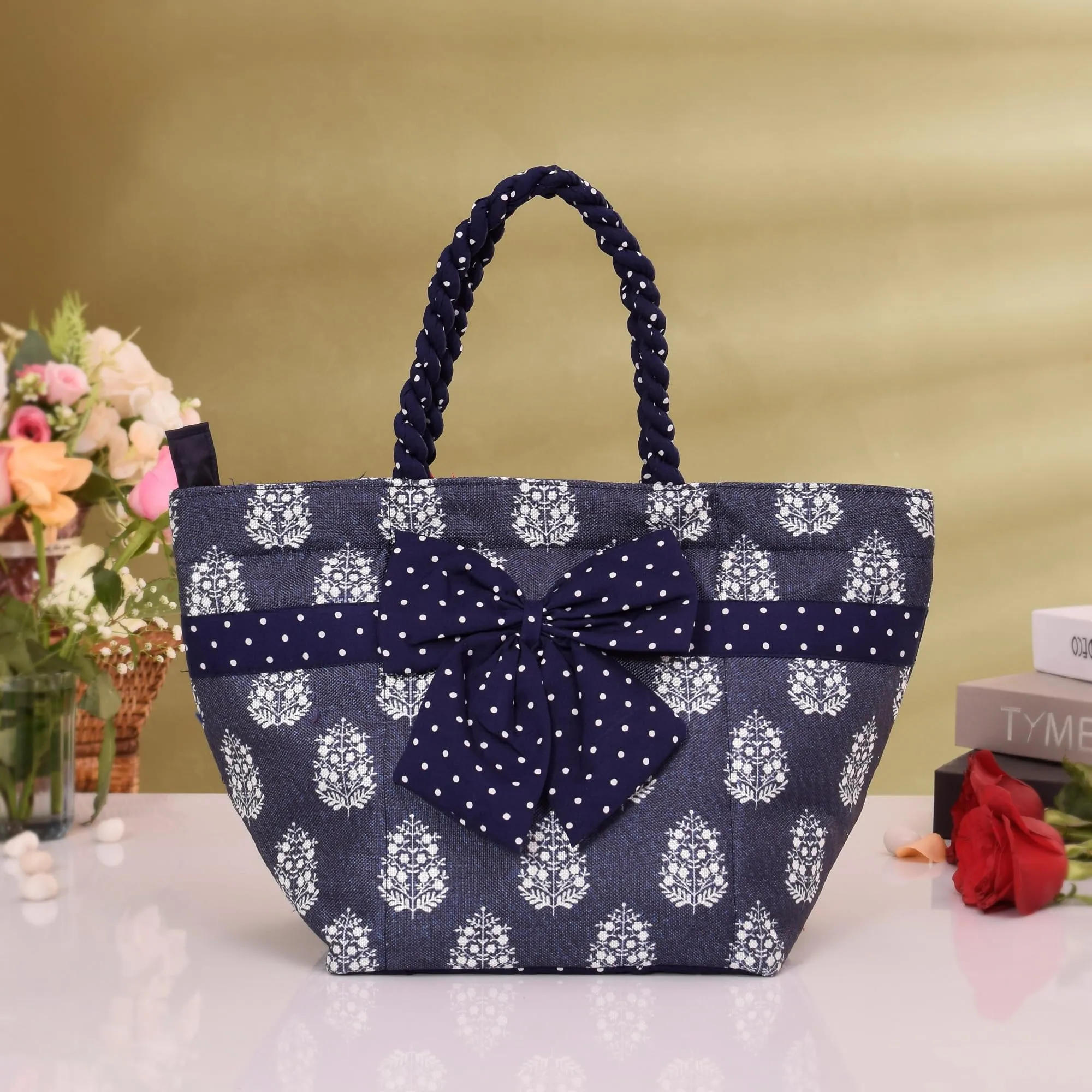 Kuber Industries Hand Purse | Polyester Hand Bag | Woman Shoulder Bag | Top Handle Handbag | Gifting Hand Purse | Ladies Tote Purse | Bow Dot Printed Handbag | Blue