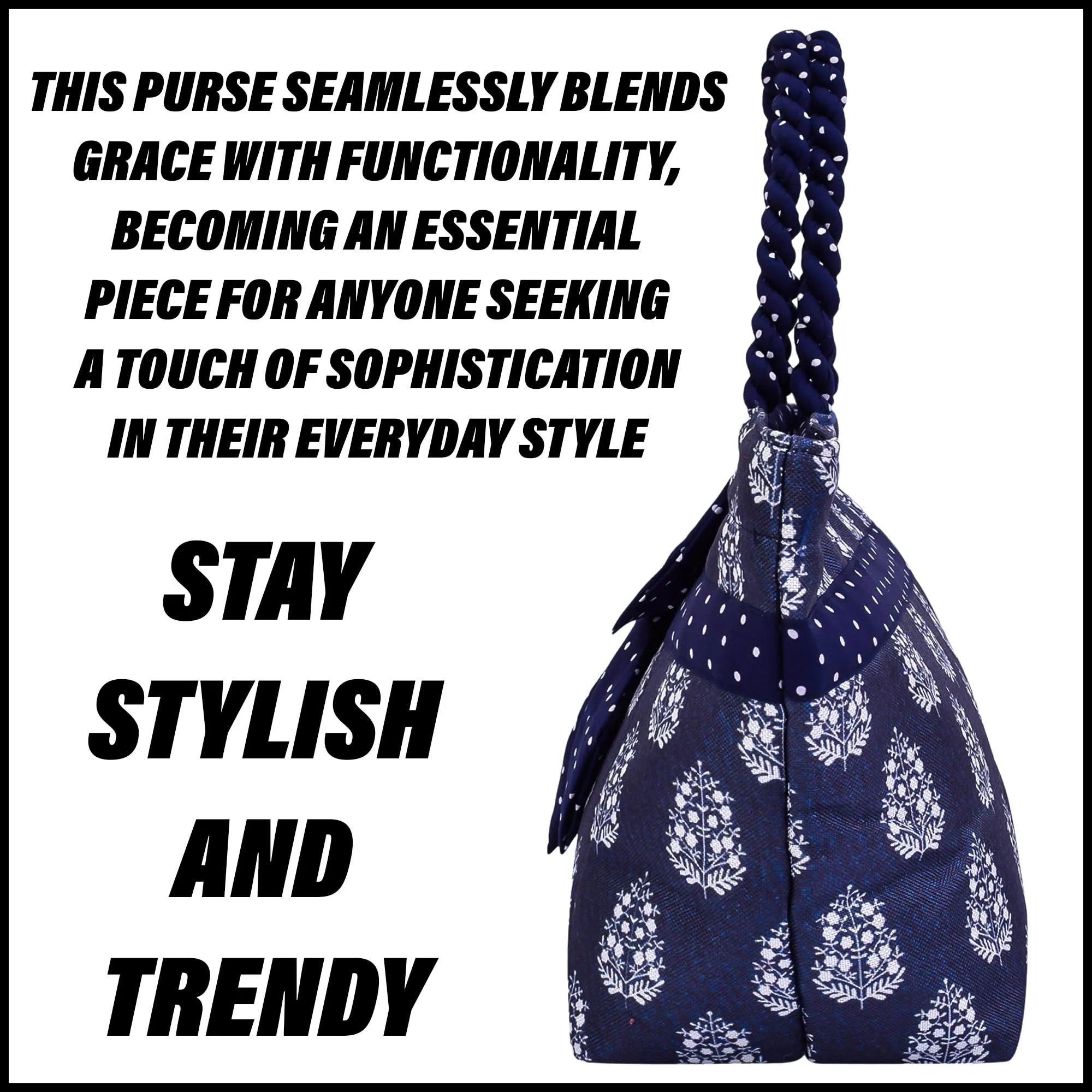 Kuber Industries Hand Purse | Polyester Hand Bag | Woman Shoulder Bag | Top Handle Handbag | Gifting Hand Purse | Ladies Tote Purse | Bow Dot Printed Handbag | Blue