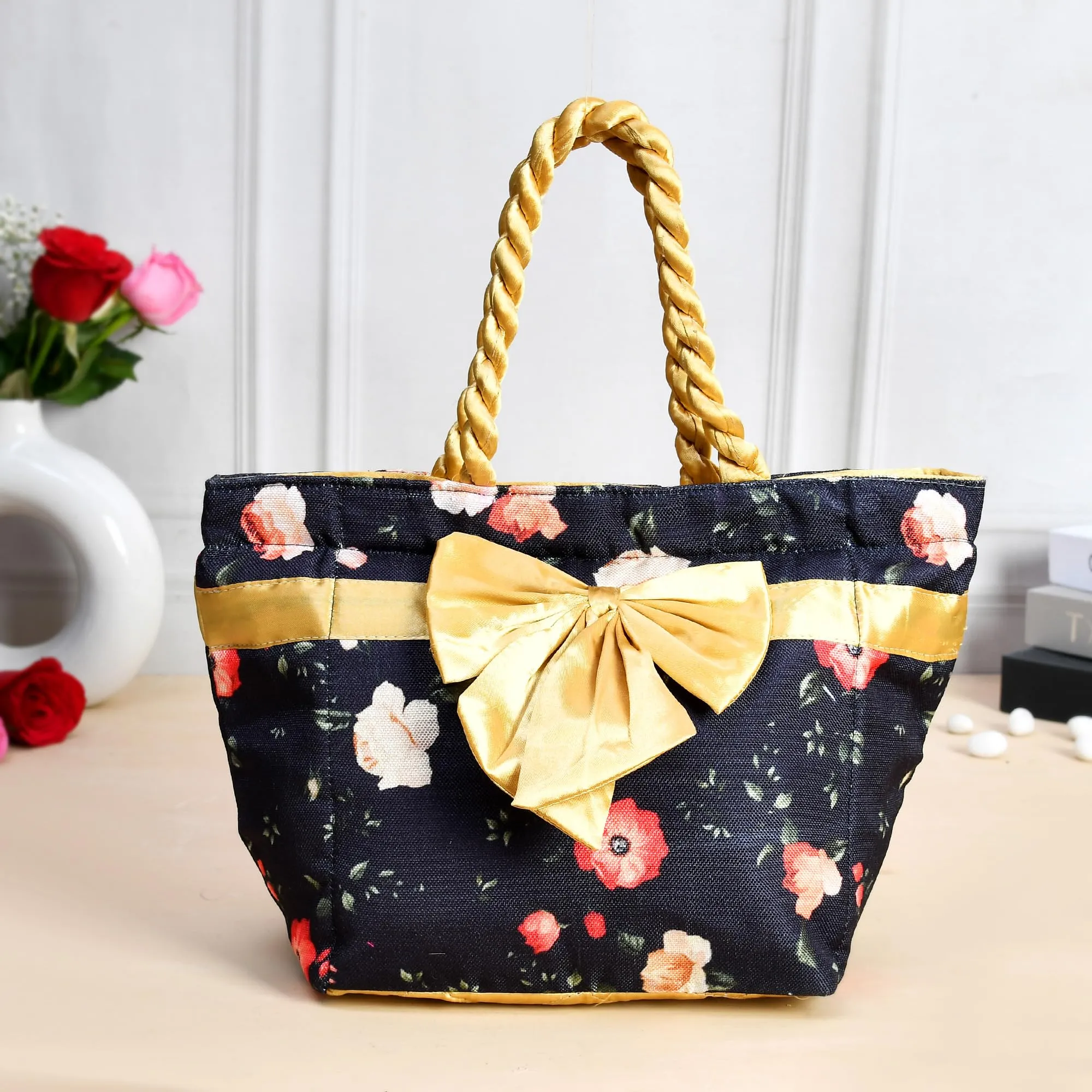 Kuber Industries Hand Purse | Polyester Hand Bag | Woman Shoulder Bag | Top Handle Handbag | Gifting Hand Purse | Ladies Tote Purse | Bow Flower Printed Handbag | Blue