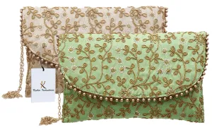 Kuber Industries Handcrafted 2 Pieces Embroidered Clutch Bag Purse Handbag for Bridal, Casual, Party, Wedding (Green & Cream) - CTKTC034526