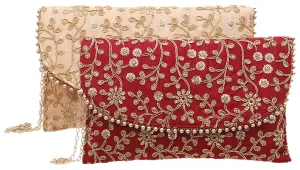 Kuber Industries Handcrafted Embroidered Clutch Bag Purse Handbag for Bridal, Casual, Party, Wedding (Maroon and Peach) - CTKTC034524-2 Pieces