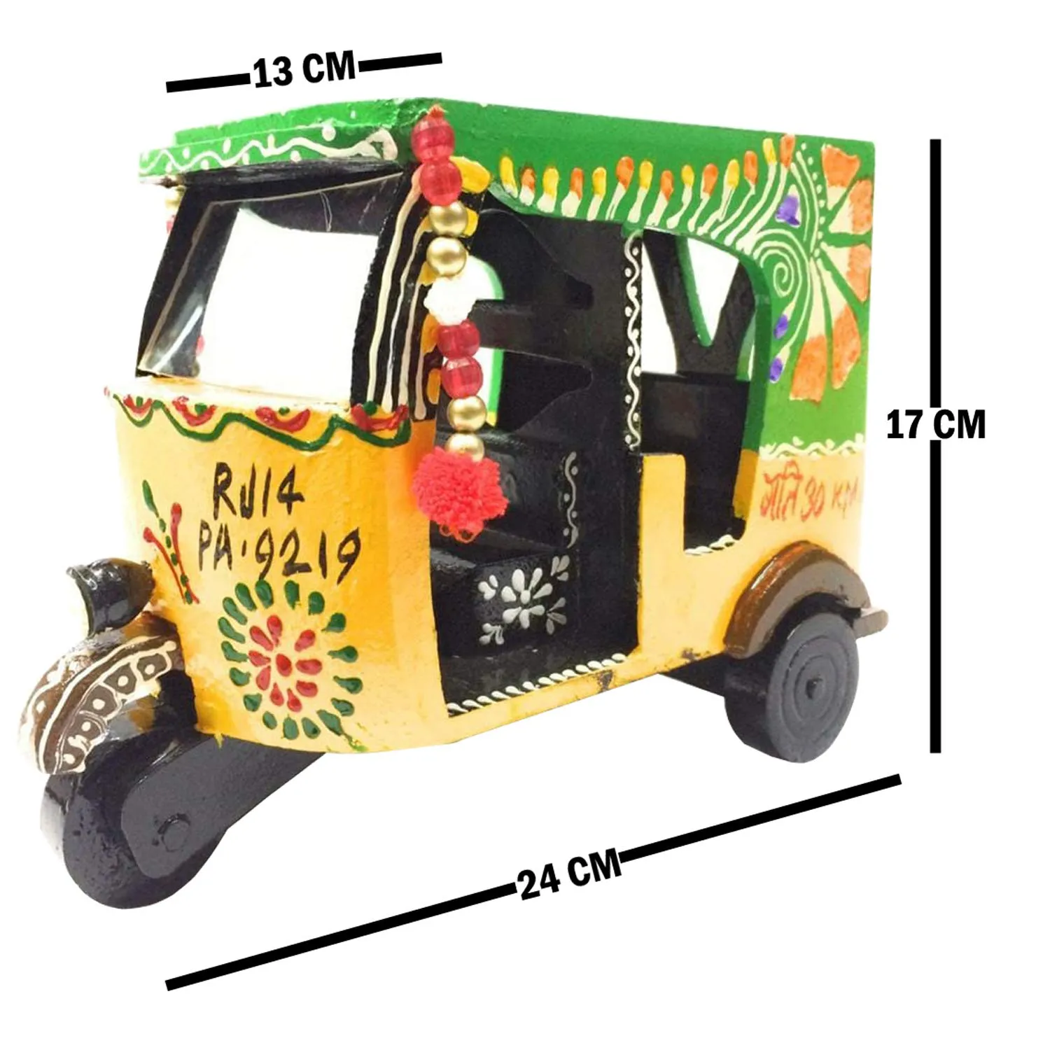 Kuber Industries Handcrafted Wooden Auto Rickshaw Showpiece (24 cm x 13 cm x 17 cm, Yellow and Green, CTKTC04110)