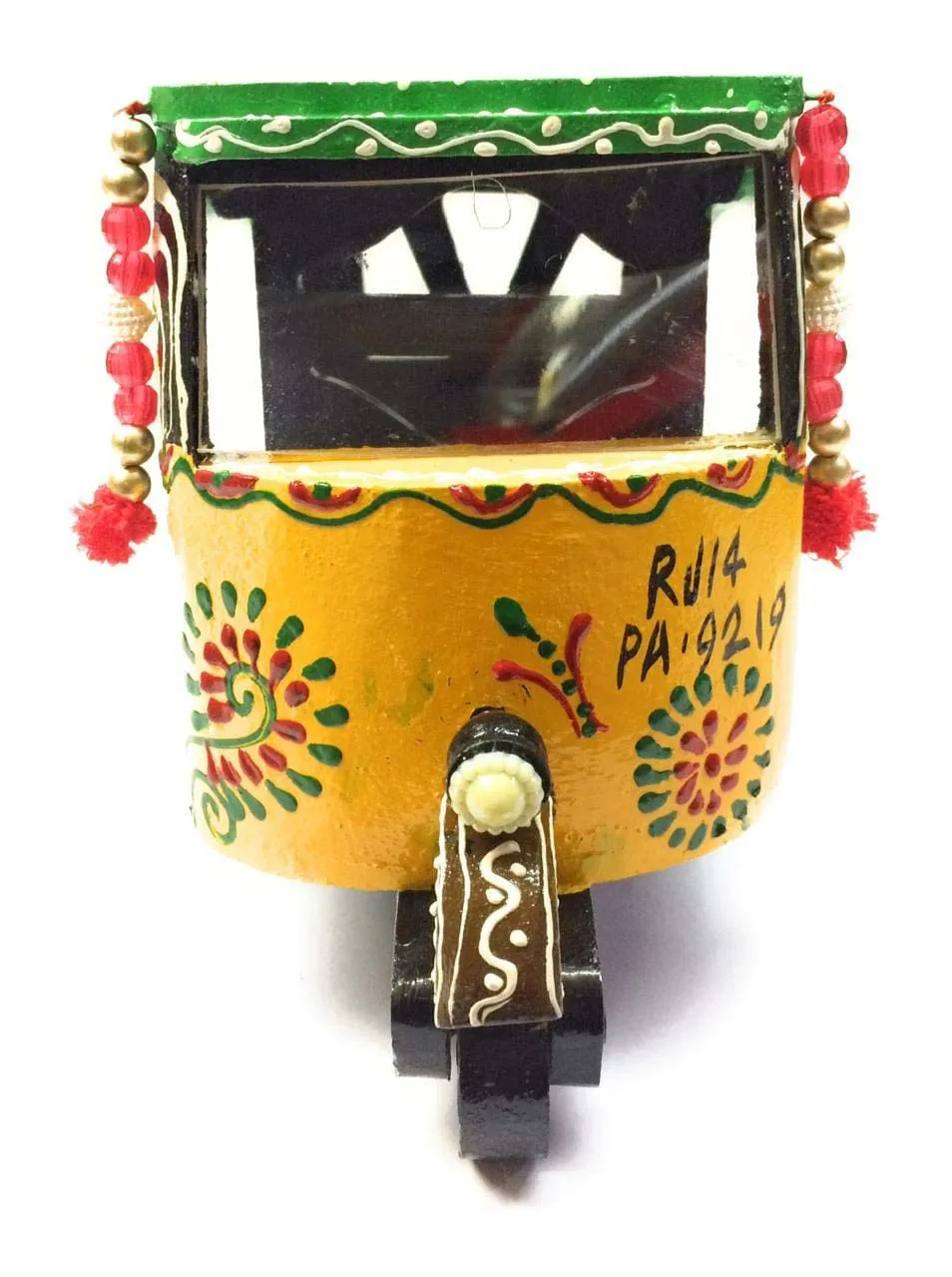 Kuber Industries Handcrafted Wooden Auto Rickshaw Showpiece (24 cm x 13 cm x 17 cm, Yellow and Green, CTKTC04110)