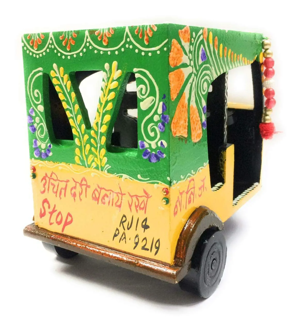 Kuber Industries Handcrafted Wooden Auto Rickshaw Showpiece (24 cm x 13 cm x 17 cm, Yellow and Green, CTKTC04110)