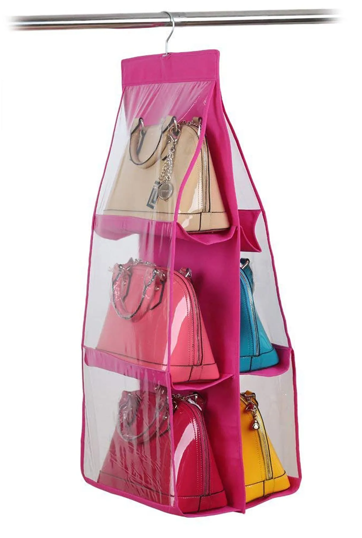 Kuber Industries Hanging Organizer for Purse Clutch Handbag with 6 Large Compartments & Hanger (Pink)-HS_38_LUGGAGE21110 (Plastic)