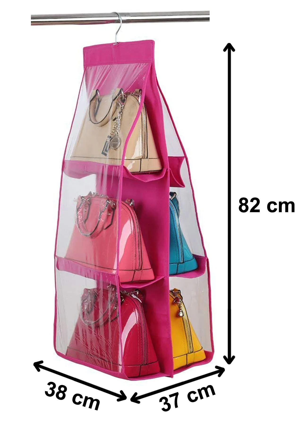 Kuber Industries Hanging Organizer for Purse Clutch Handbag with 6 Large Compartments & Hanger (Pink)-HS_38_LUGGAGE21110 (Plastic)