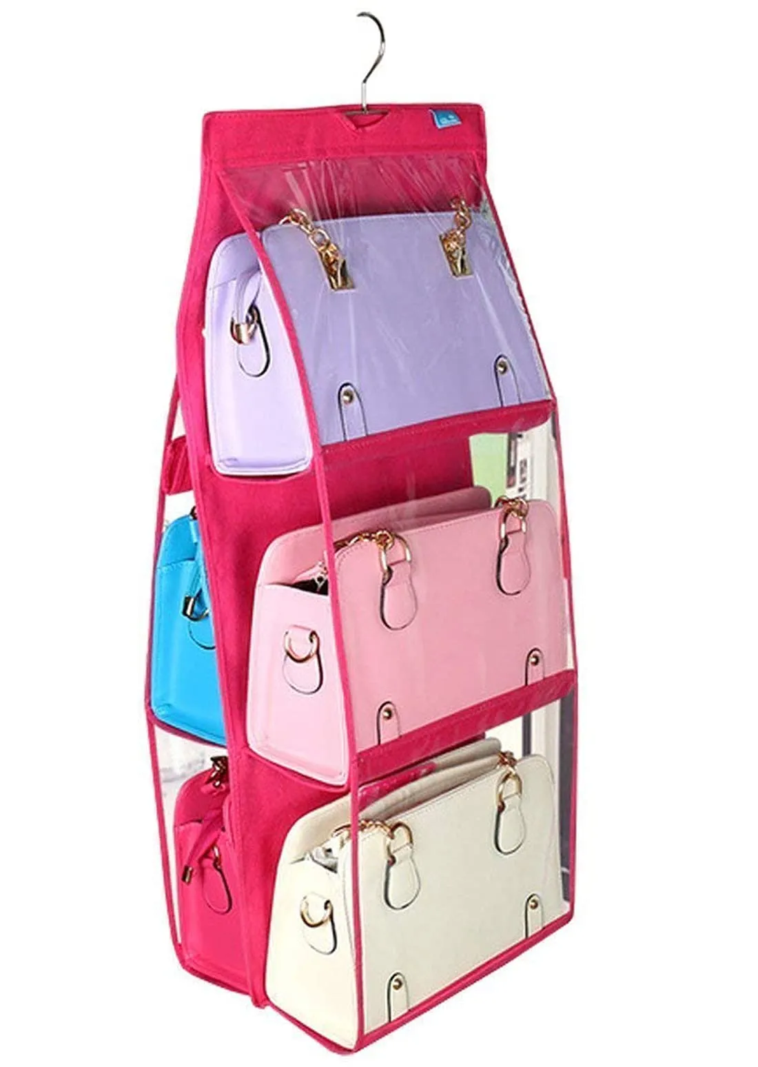 Kuber Industries Hanging Organizer for Purse Clutch Handbag with 6 Large Compartments & Hanger (Pink)-HS_38_LUGGAGE21110 (Plastic)