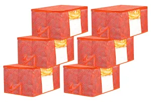 Kuber Industries Lahariya Design Non-woven Foldable Underbed/Storage Bag/Wardrobe Organizer With Transparent Window- Pack of 6 (Orange)-44KM0503