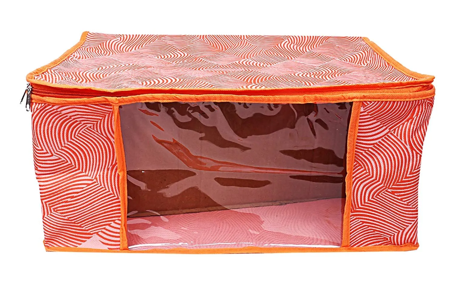 Kuber Industries Lahariya Design Non-woven Sarees, Clothes Cover/Organizer With Transparent Window- Pack of 3 (Orange)-44KM0378