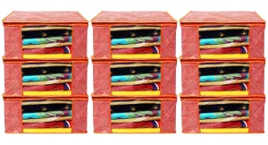 Kuber Industries Lahariya Design Non-woven Sarees, Clothes Cover/Organizer With Transparent Window- Pack of 9 (Orange)-44KM0382