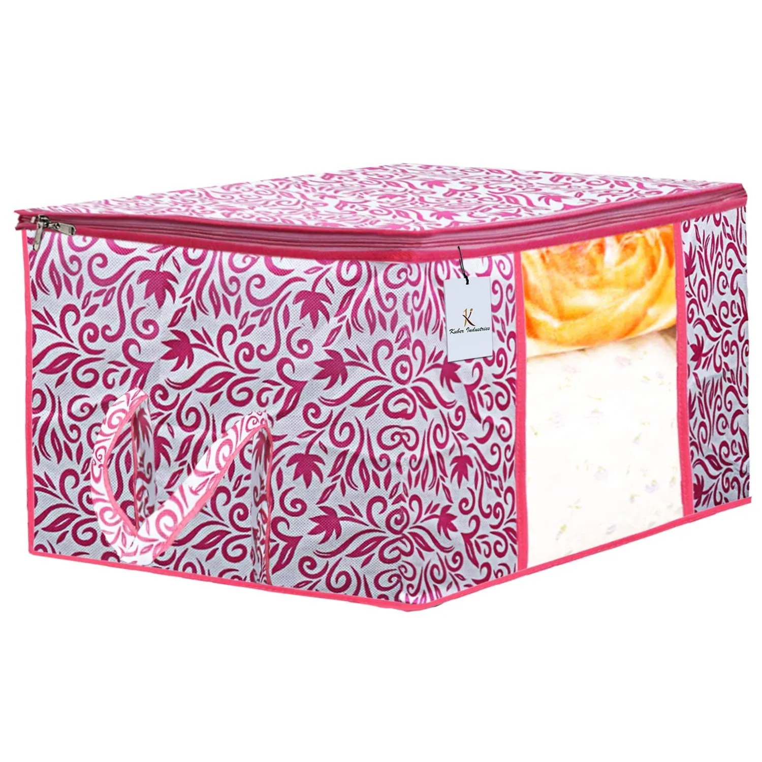 Kuber Industries Leaf Design 4 Piece Non Woven Saree Cover and 4 Pieces Underbed Storage Bag, Storage Organiser, Blanket Cover, Red & Pink -CTKTC42420