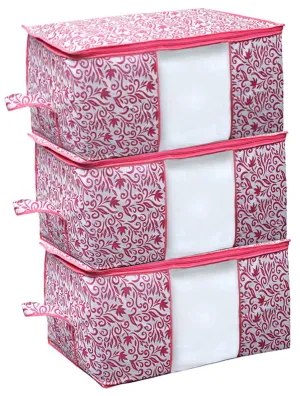 Kuber Industries Leaf Design Non Woven Underbed Storage Organizer|Blanket Cover|Pack of 3 (Pink)