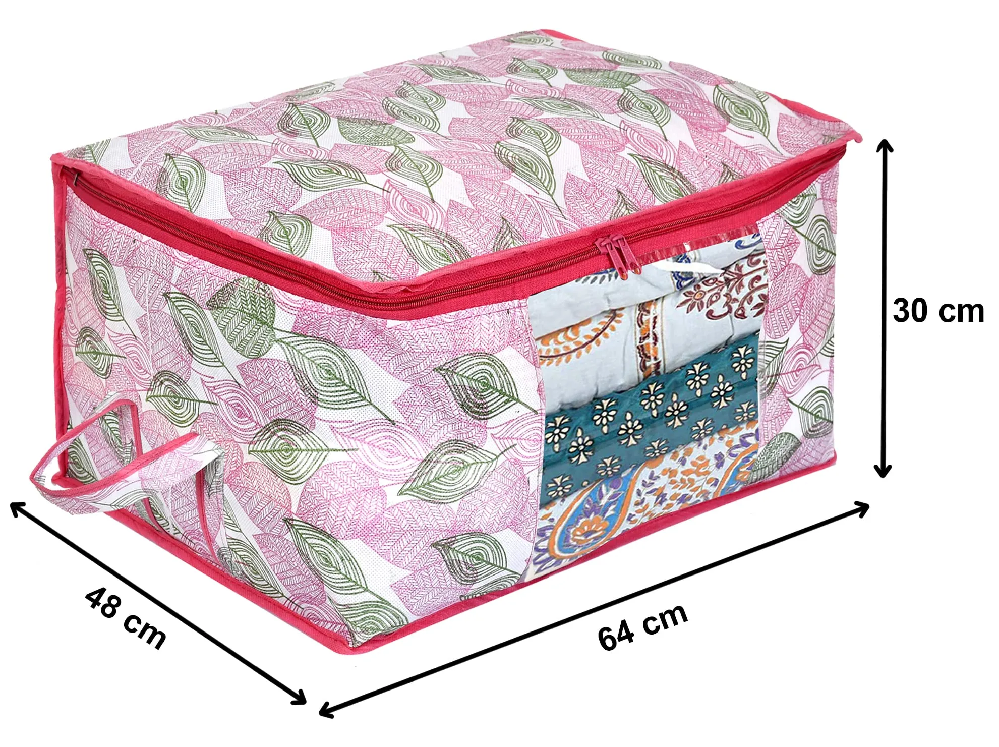 Kuber Industries Leaf Design Non-woven Underbed, Strorage Organizer With Transparent Window- Pack of 3 (Pink)-44KM0486