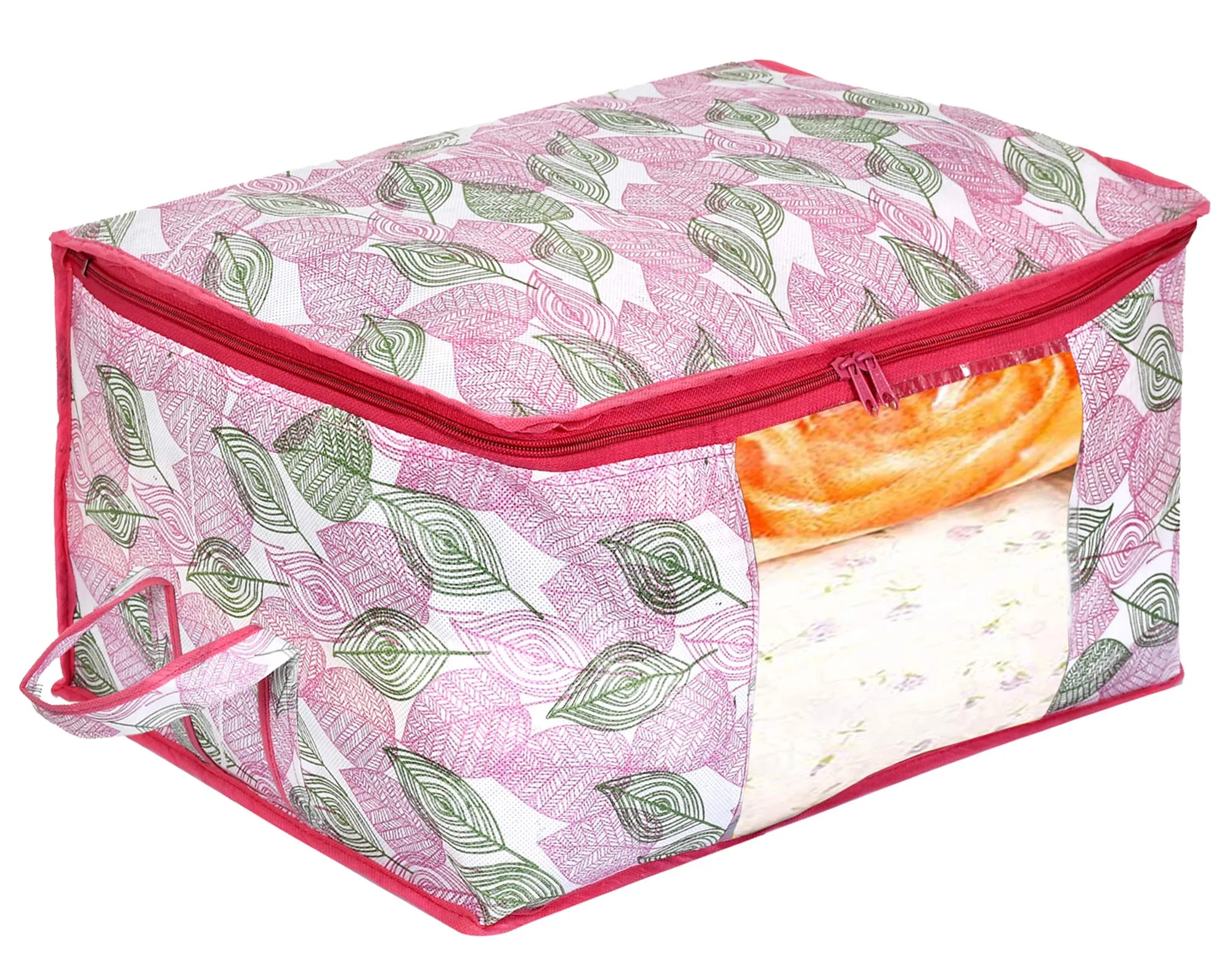 Kuber Industries Leaf Design Non-woven Underbed, Strorage Organizer With Transparent Window- Pack of 3 (Pink)-44KM0486