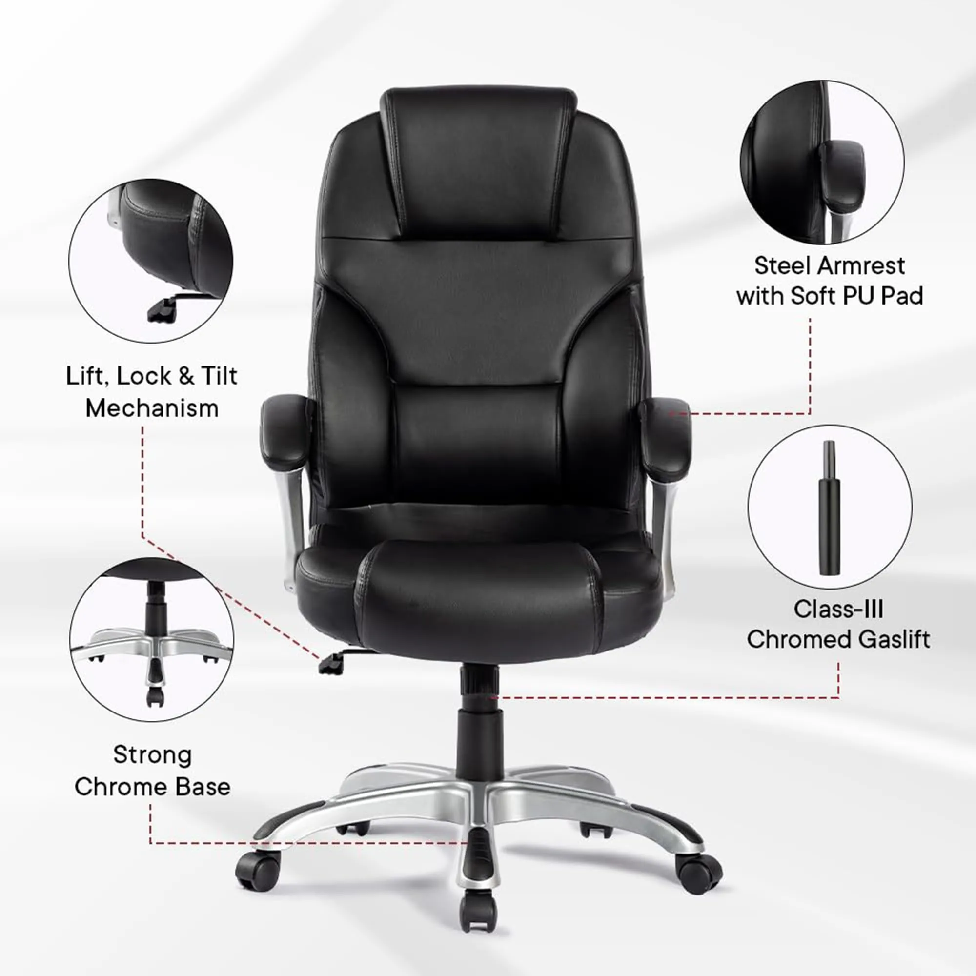 Kuber Industries Leather Office Chairs for Work from Home | Comes with Manual Height Adjustable, Armrest, Headrest & Lumbar Support | Comfy Study Chair for Students with Wheels | Black | SAVOC111BLK