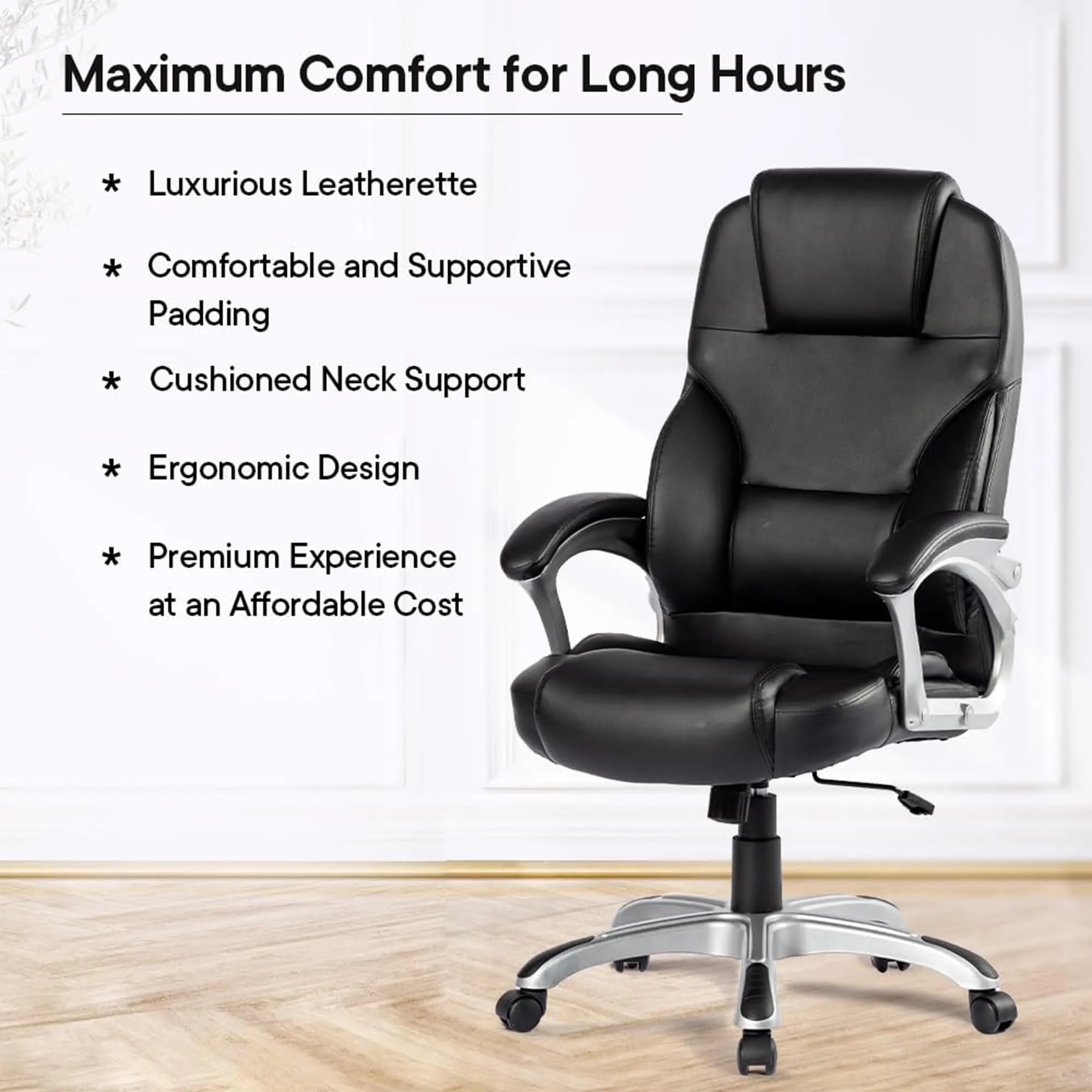 Kuber Industries Leather Office Chairs for Work from Home | Comes with Manual Height Adjustable, Armrest, Headrest & Lumbar Support | Comfy Study Chair for Students with Wheels | Black | SAVOC111BLK