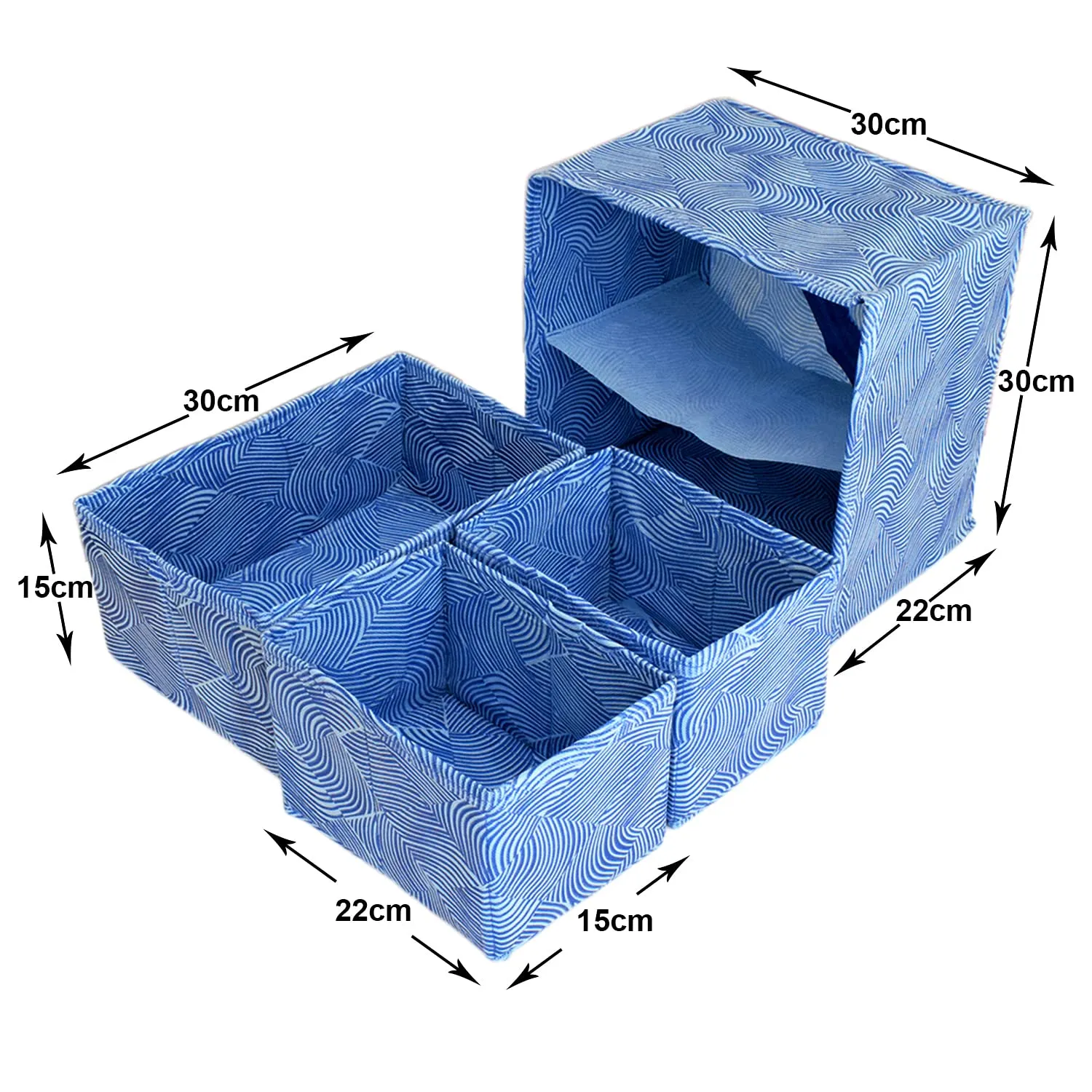 Kuber Industries Lehariya Printed Multiuses Non-Woven Foldable Organizer Box With 3 Drawers- Pack of 2 (Blue)-HS43KUBMART26843