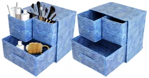 Kuber Industries Lehariya Printed Multiuses Non-Woven Foldable Organizer Box With 3 Drawers- Pack of 2 (Blue)-HS43KUBMART26843