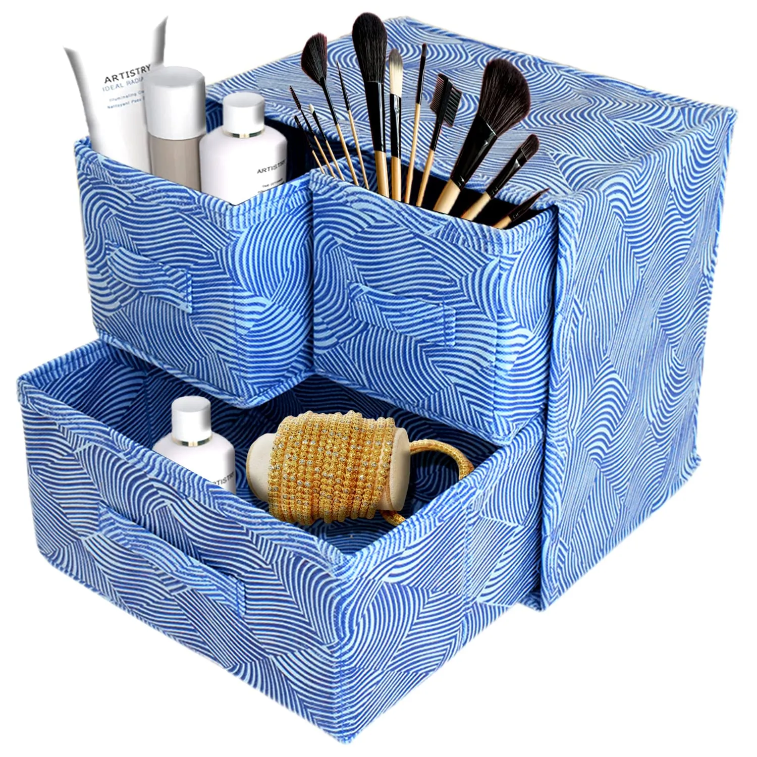 Kuber Industries Lehariya Printed Multiuses Non-Woven Foldable Organizer Box With 3 Drawers- Pack of 2 (Blue)-HS43KUBMART26843