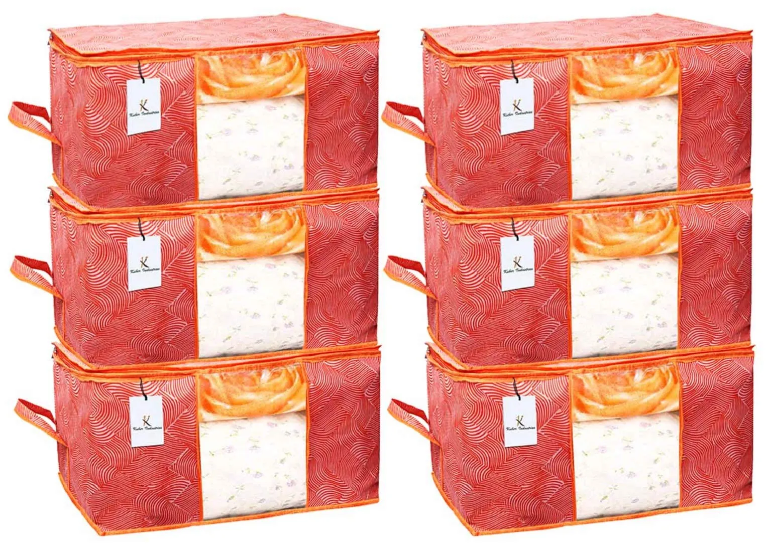 Kuber Industries Leheriya Design Underbed Storage Bag|Storage Organiser|Storage Bag For Clothes Large|Blanket Cover Set of 6 (Orange)