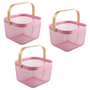 Kuber Industries Metal Wire Basket With Handle|Storage Basket Fot Fruits, Books|Mesh Open Storage Bin|Storage Organizer|Pack Of 3|Pink