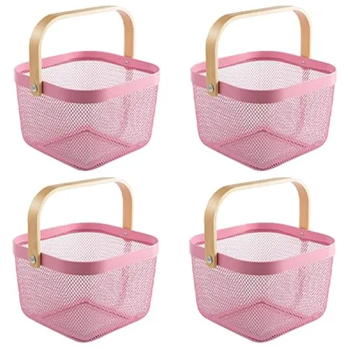 Kuber Industries Metal Wire Basket With Handle|Storage Basket Fot Fruits, Books|Mesh Open Storage Bin|Storage Organizer|Pack Of 4|Pink