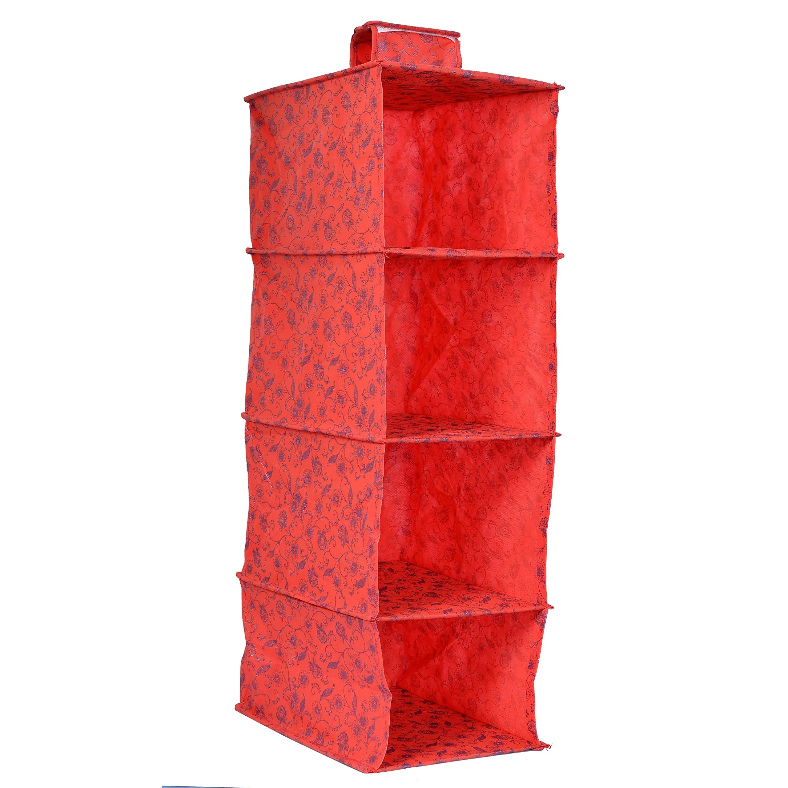 Kuber Industries Metalic Floral Print Non Woven Hanging 4 Shelves Foldable Wardrobe/Closet Cloth Organizer (Set of 2, Red)-KUBMART1167