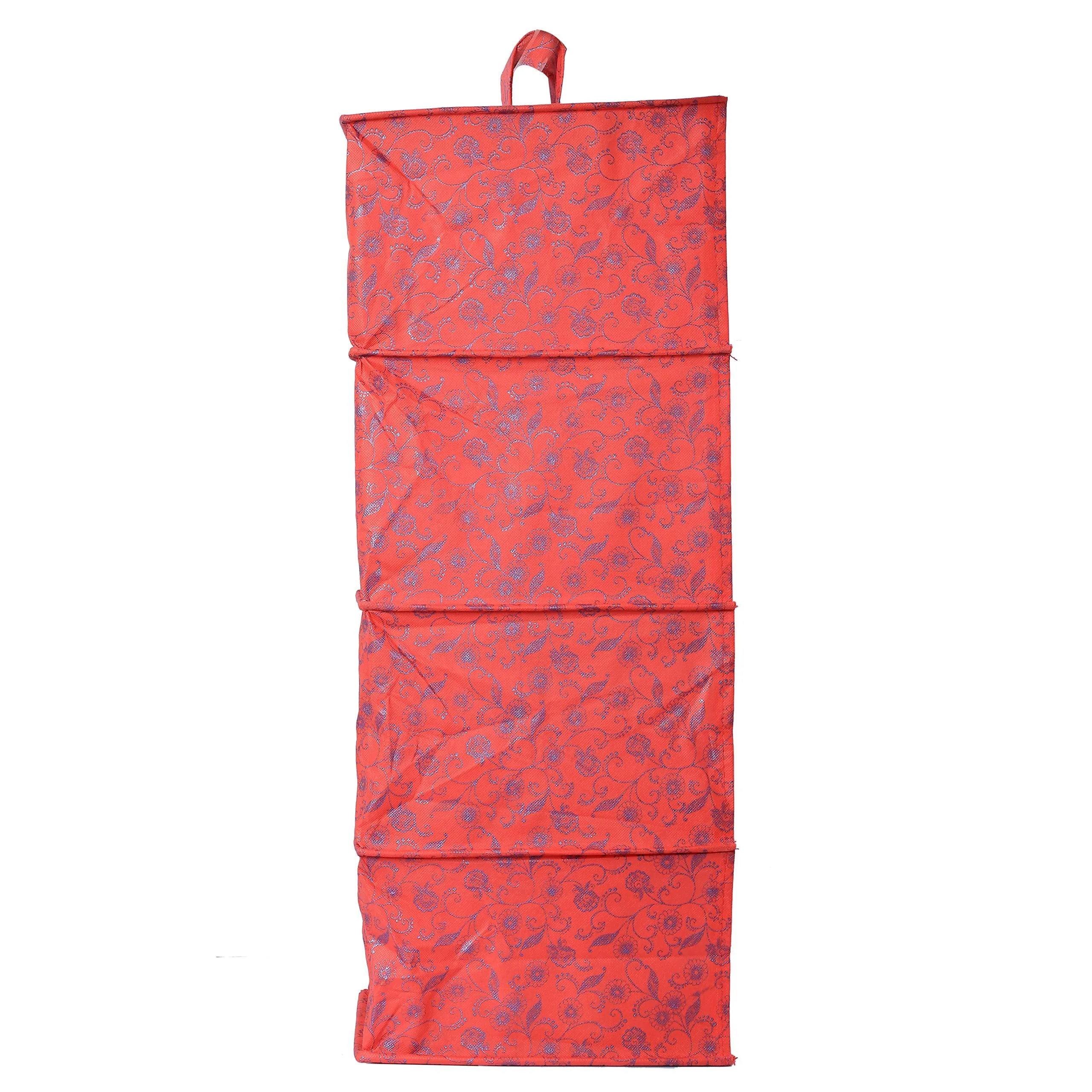 Kuber Industries Metalic Floral Print Non Woven Hanging 4 Shelves Foldable Wardrobe/Closet Cloth Organizer (Set of 2, Red)-KUBMART1167